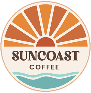 Suncoast Coffee logo - a brown and orange sunrise over aqua blue waves